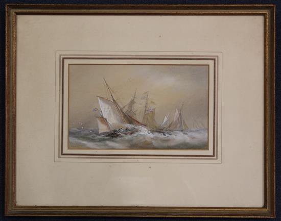 Sir Oswald Walters Brierly (1817-1894) Fishing boats at sea and off the coast, 5.25 x 8.5in.